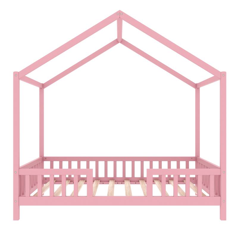 House-Shaped Twin Bed with Canopy and Railings for Kids, Pink Wooden Toddler Bed Frame