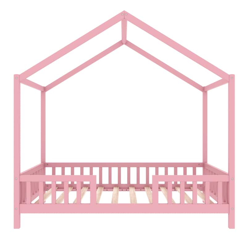 Montessori Toddler Bed Kids House Bed with Airy Canopy, Wood Bed Frame Bed Tent with 4 Full Guardrails, No Box Spring Needed