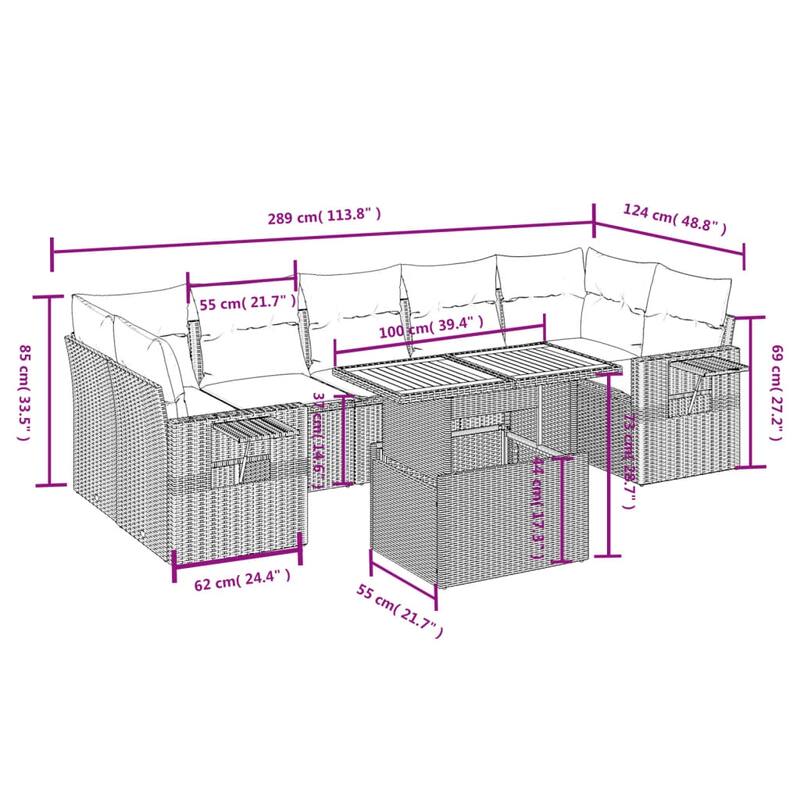 vidaXL Patio Sofa Set with Cushions Outdoor Furniture 8 Piece Poly Rattan - 24.4 x 24.4 x 27.2