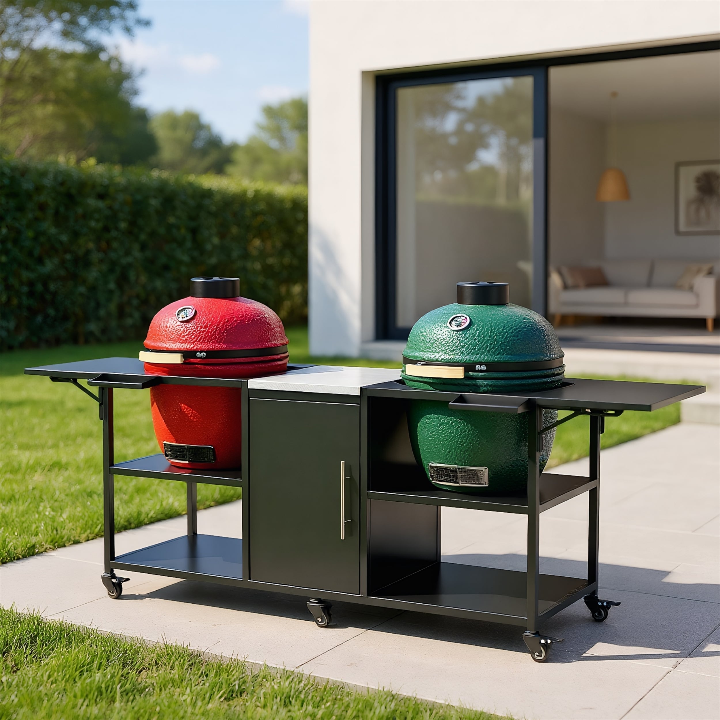 Outdoor BBQ Grill Cart, Stainless Steel Table with Locking Wheels