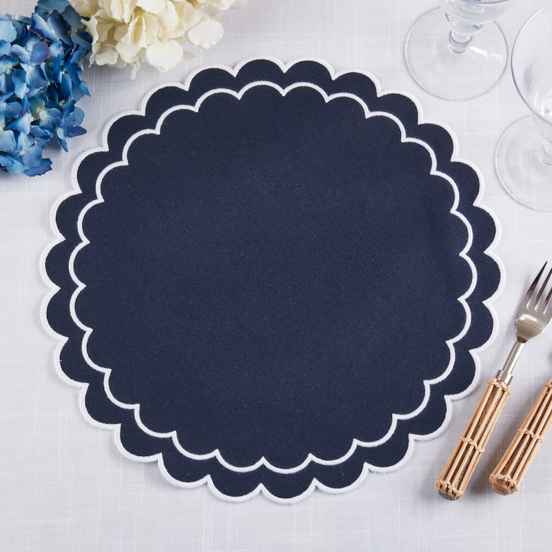 Scalloped Cotton Placemats (Set of 4) - Layered Wavy Edge Round Table Placemats for Dining, Entertaining & Everyday Table, 15"