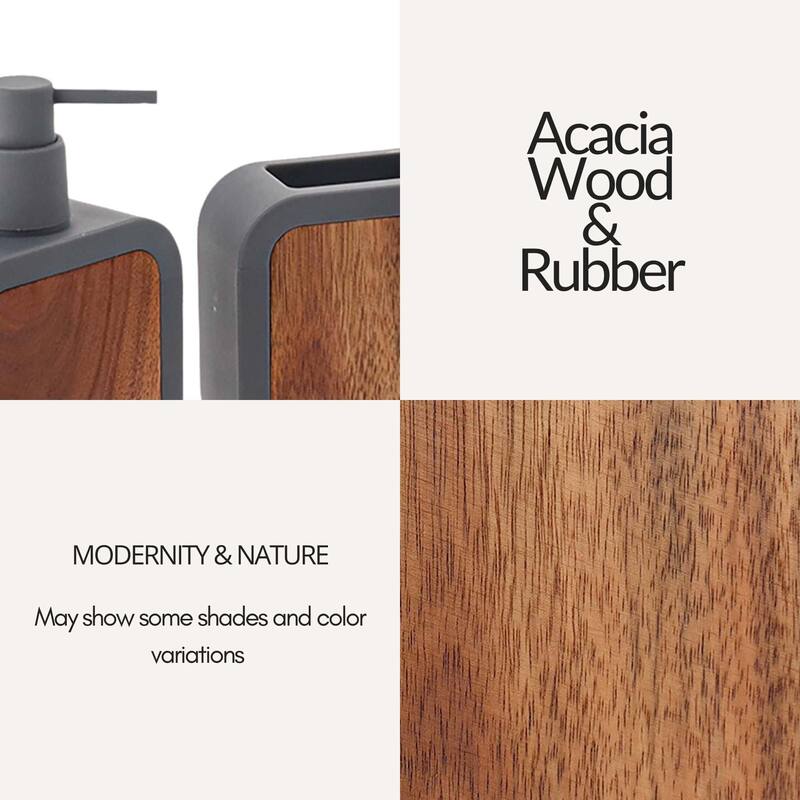 4-Piece Bathroom Accessory Set Rubber and Wood - 4 L x 3.9 W x 15.2 H