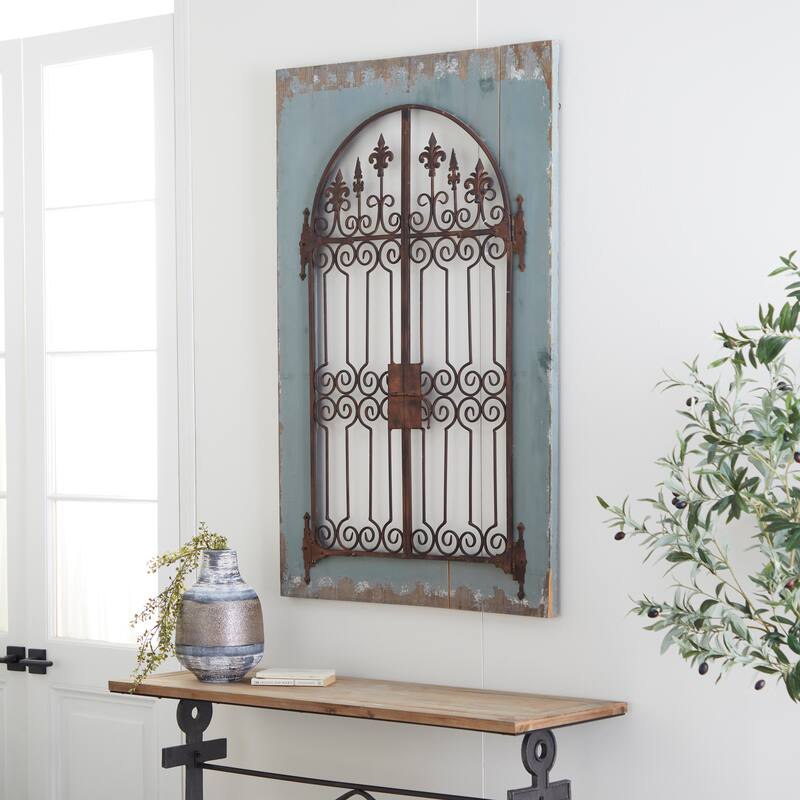 Blue Wood Arched Windowpane Fleur De Lis Home Wall Decor with Rust Metal Scrolled Gate - Blue