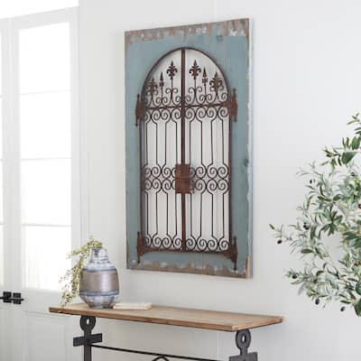 Blue Wood Arched Windowpane Fleur De Lis Home Wall Decor with Rust Metal Scrolled Gate