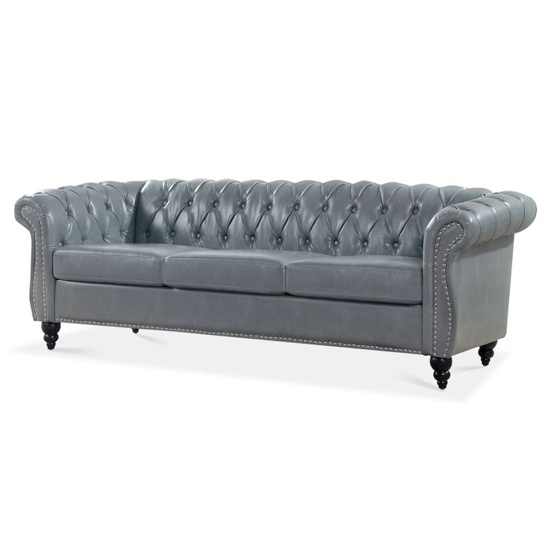 84.65" PU Leather Chesterfield Sofa with Rolled Arms (3-Seater)