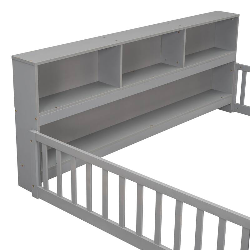 Wooden bed floor bed with bedside bookcase and shelves