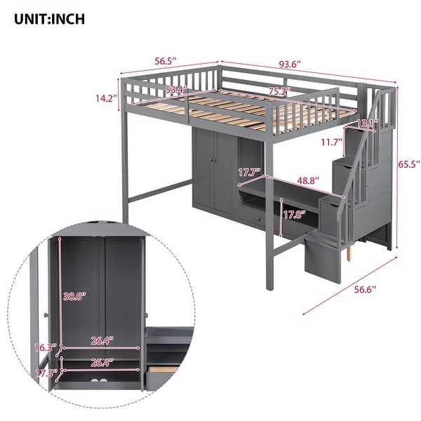 dimension image slide 1 of 2, Full Size Loft Bed Solid Frame with Wardrobe