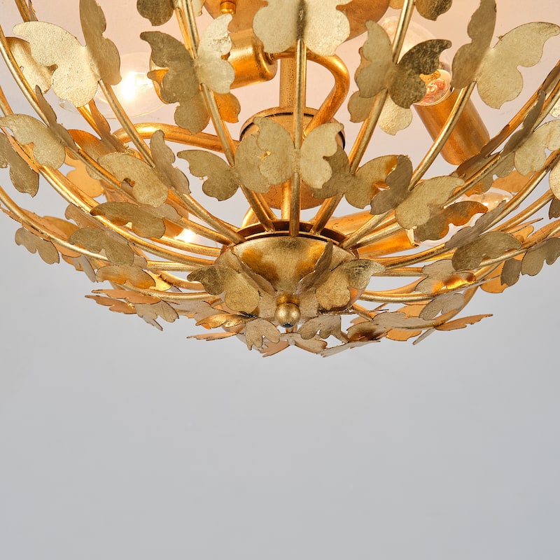 Antique Gold Butterfly Bowl 4-Light Semi Flush Mount Ceiling Light - 17.7"Wx10.4"H