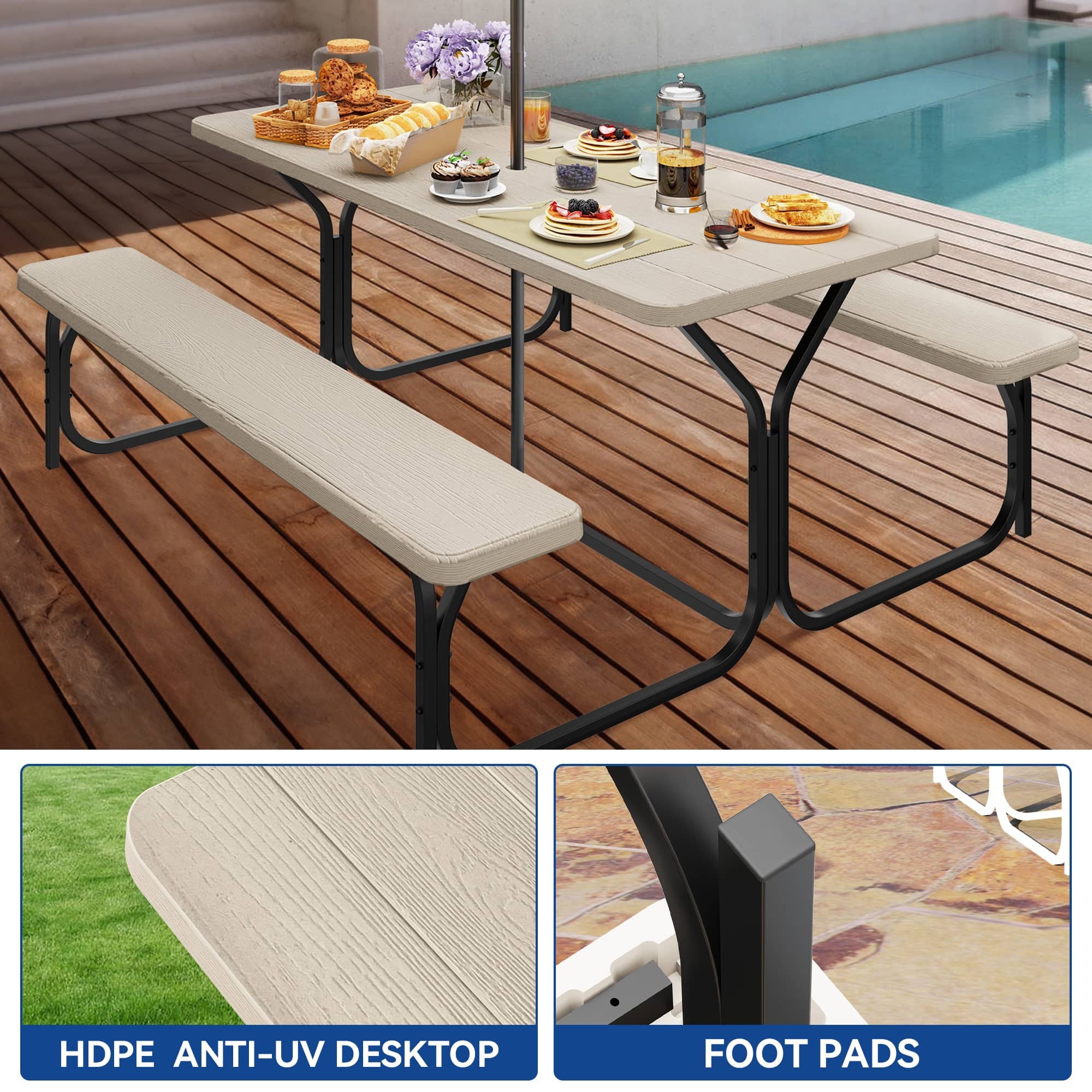 Moasis 6FT HDPE Outdoor Picnic Table Set Bench Set with Metal Base On
