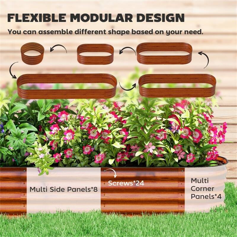 Modular Raised Garden Bed with Galvanized Steel and Drainage - 94.5" L x 24.5" W x 11.75" H