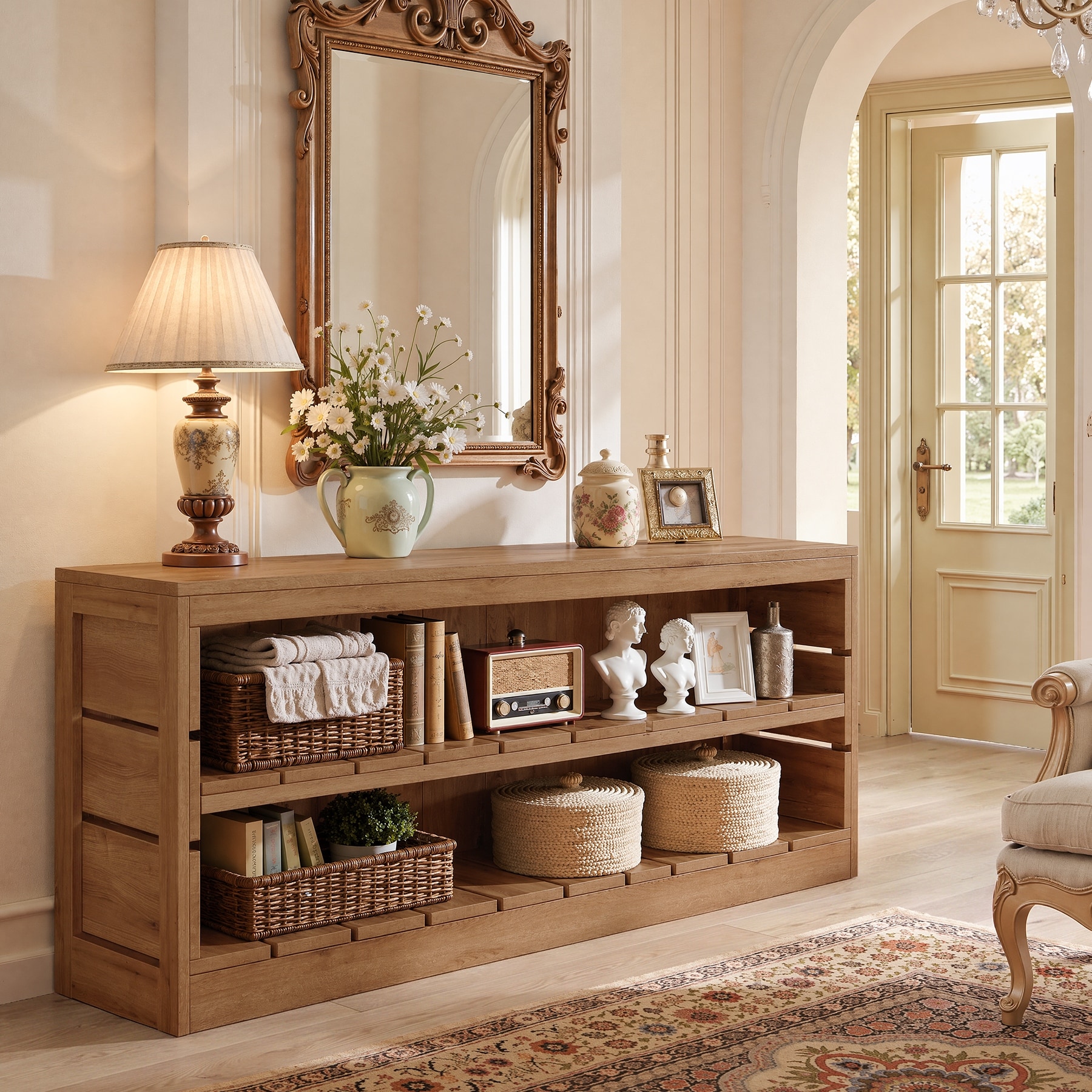 63-Inch Solid Wood Console Table, 3-Tier Entryway Table with Shelves, Behind Couch Tables for Living Room, Hallway