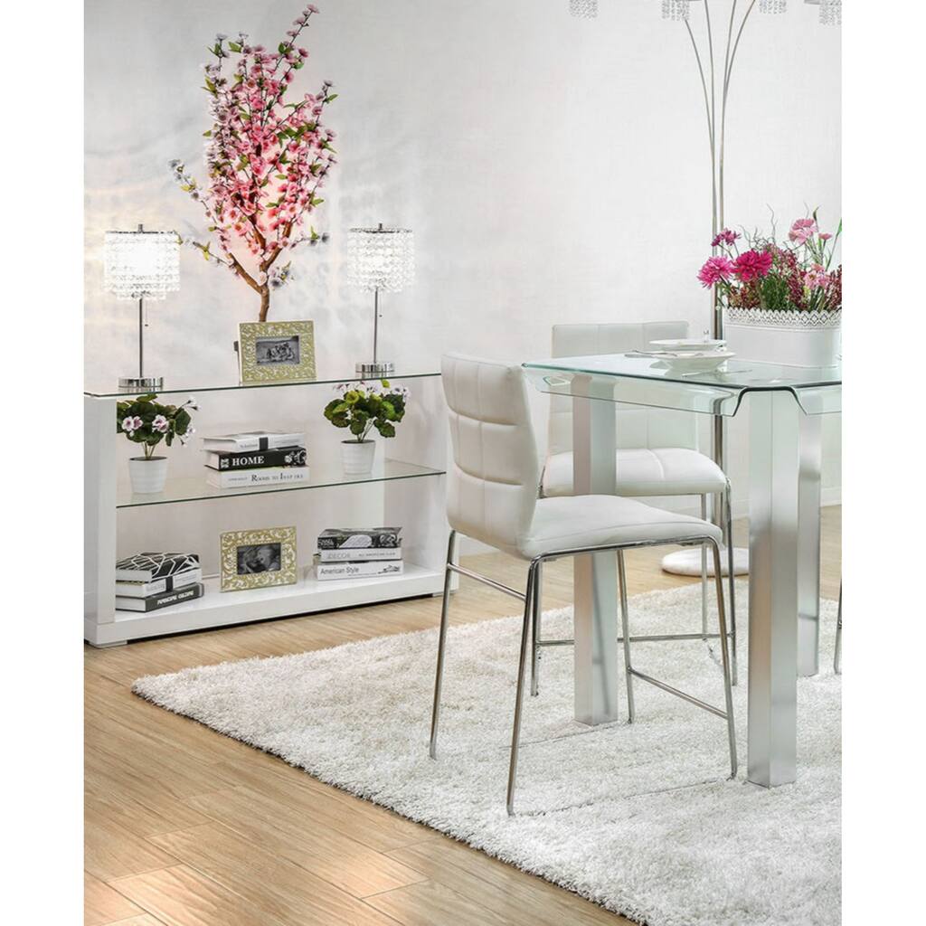 White Color Leatherette 2pcs Counter Height Dining Chairs Chrome Metal Legs Dining Room Counter Height Chairs