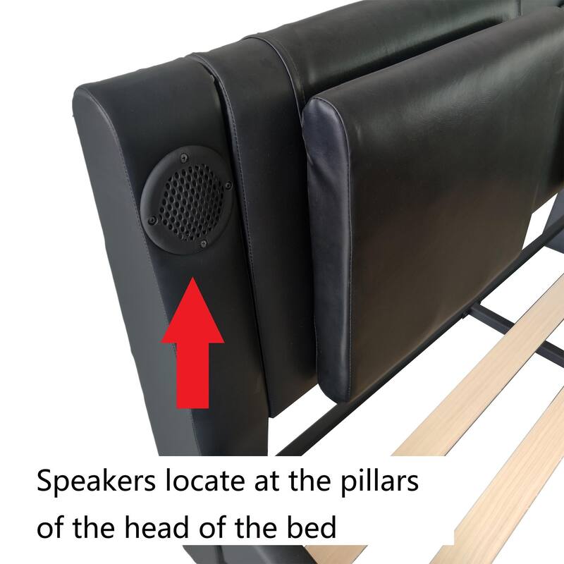 Black Leather Upholstered King Platform Bed with LED Lights, Bluetooth Music, and Massage Function