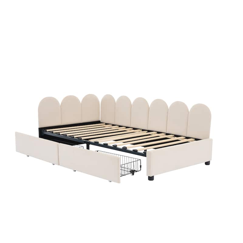 Beige Twin Size Velvet Daybed with Drawers and Soft Headboard