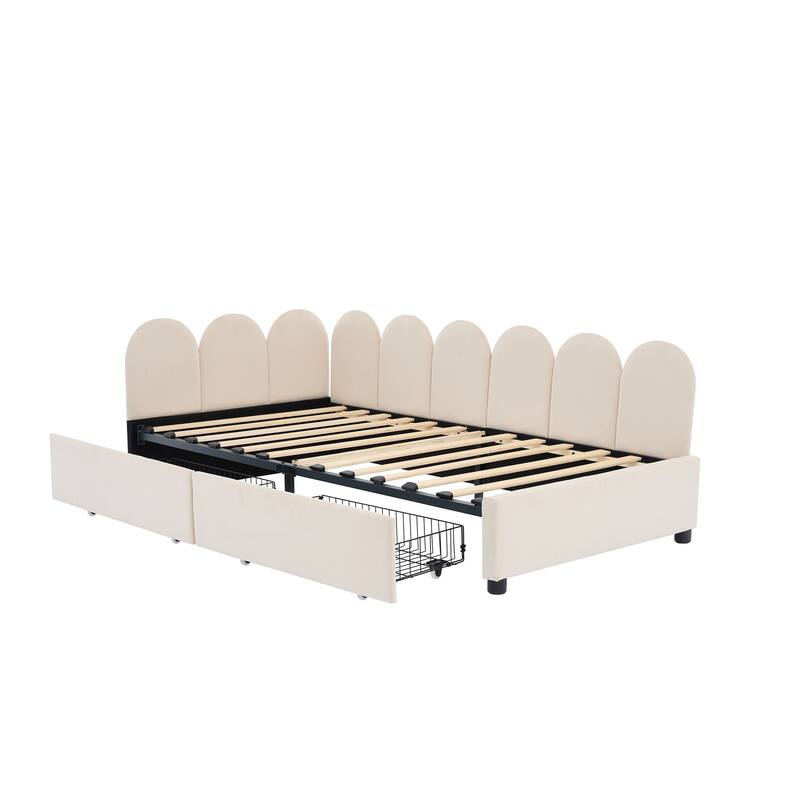 Velvet Upholstered Daybed with 2 Drawers and Soft Fabric Headboard for Bedroom