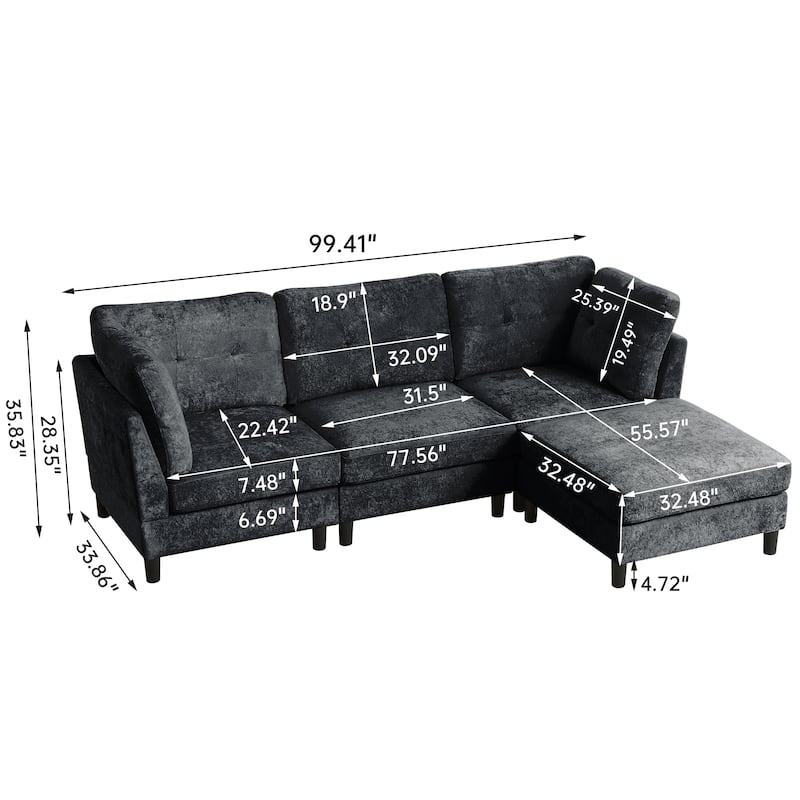 99.4" Chenille High Armrest L Shaped Sofa with Ottoman