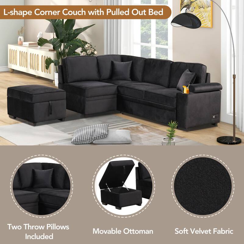 84.75" 2-in-1 Pull Out L Shape Velvet Sleeper Sofa Bed with Storage Ottoman, Black, for Living Spaces