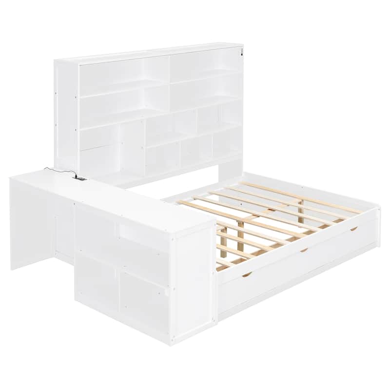 Modern Storage Bed Frame with 3 Drawers, All-in-One Bookshelf, Desk, Full Size Daybed with Wood Slats Support for Bedroom