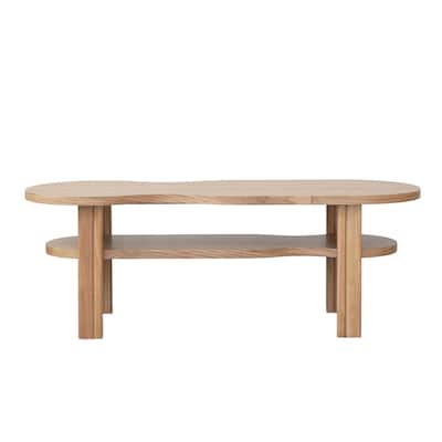 Oak Wood Veneer and Rubberwood Coffee Table with Shelf