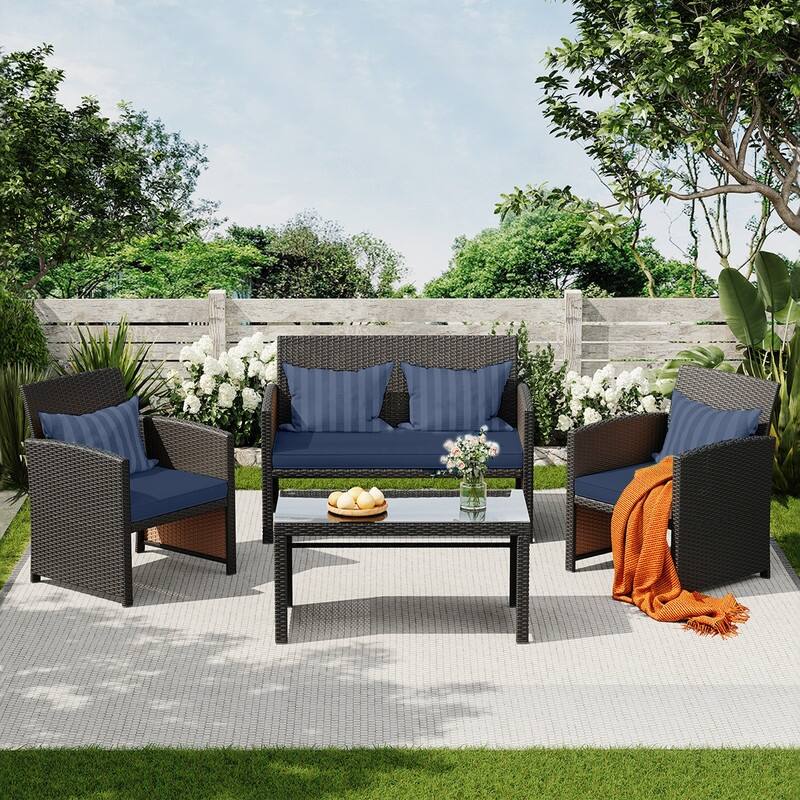 EROMMY 4-Piece Patio Furniture Set with Cushions, Wicker Sofa and Glass Coffee Table, All-Weather PE Rattan Conversation Set - Navy
