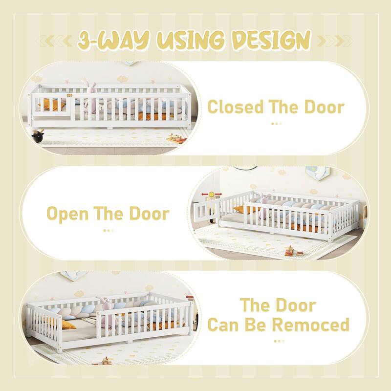 White Twin Size Pine Wood Floor Bed with Safety Guardrails and Door for Kids, Boys, Girls, Bedroom