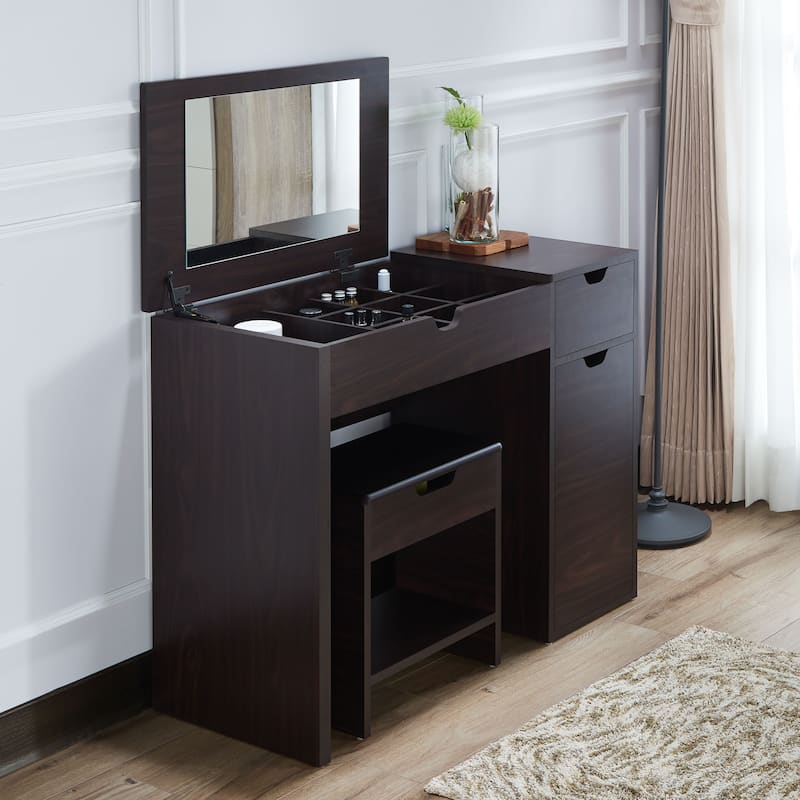 DH BASIC Modern Walnut 36" Storage Vanity and Stool Set by Denhour