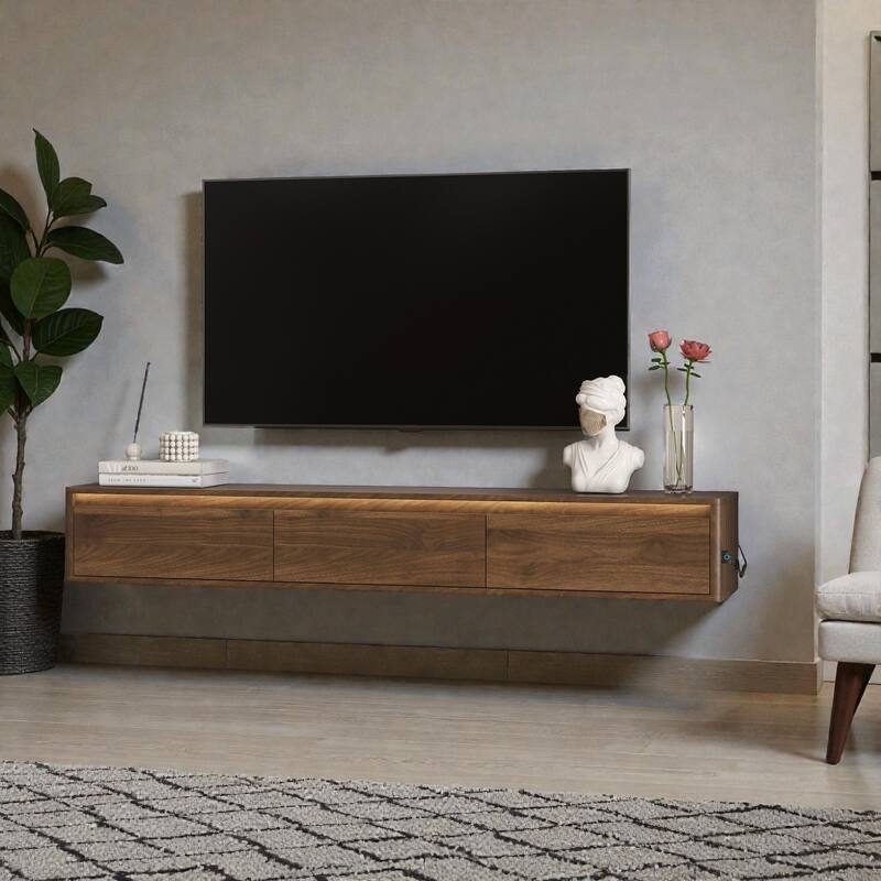 68.9" Floating TV Stand with LED Lights and Power Outlet, Wall Mounted High Gloss Media Console Shelf for Living Room - Wood