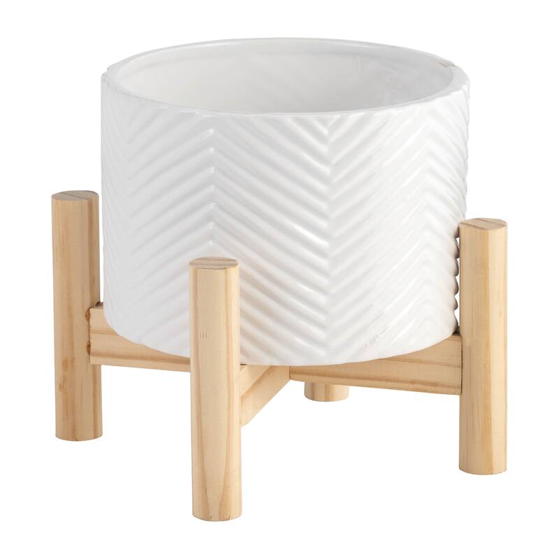 Ceramic Planter Trendy White Planter Elevated on Wooden Stand with Chevron Design For Indoor or Outdoor Plants