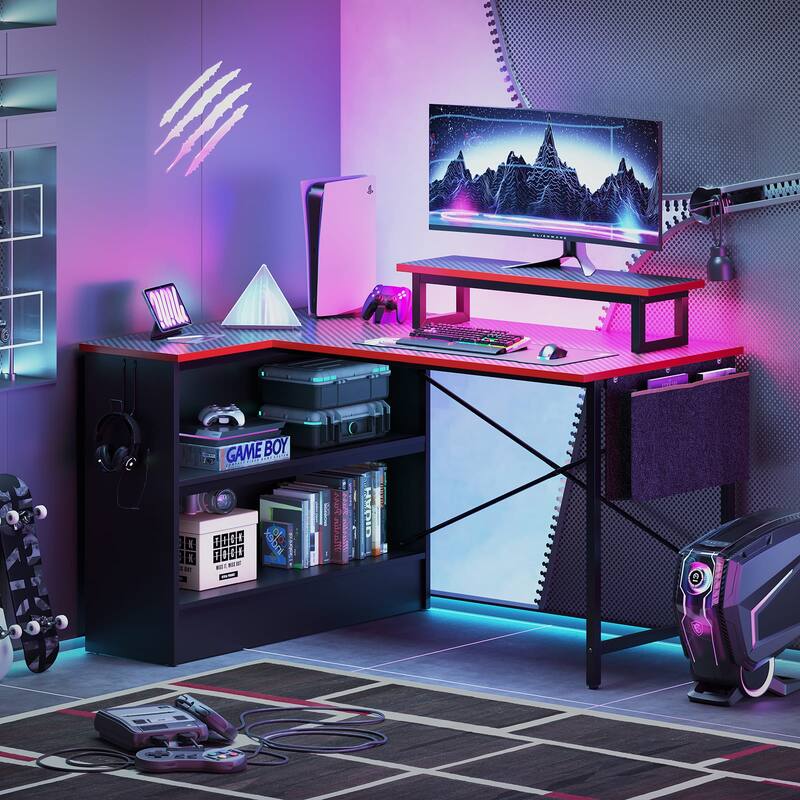42" Gaming Desk Reversible L Shaped Desk with LED Monitor Stand Storage Shelves and Bag