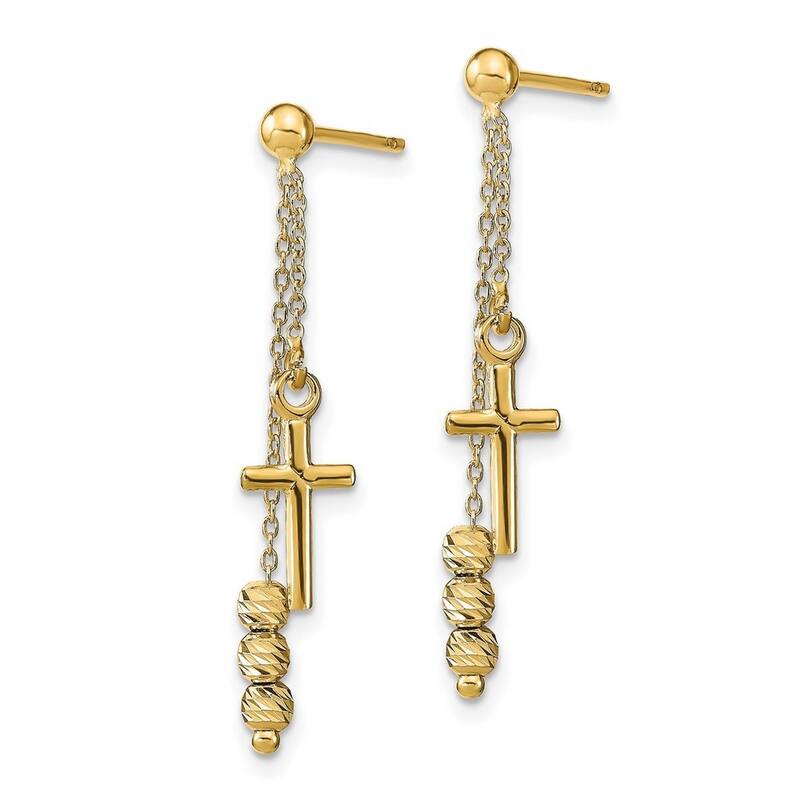Curata 14k Yellow Gold Sparkle Cut Religious Cross Bead Drop Post Earrings 31.99x6.49mm