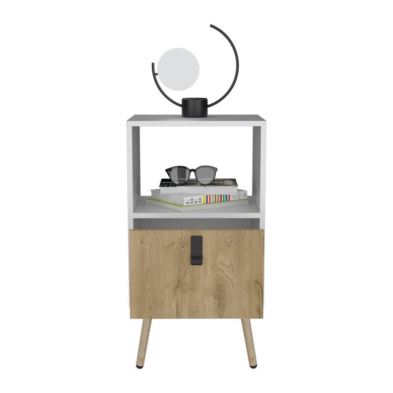 White & Macadamia Nightstand with Drawer and Open Shelf, Modern Bedroom Furniture