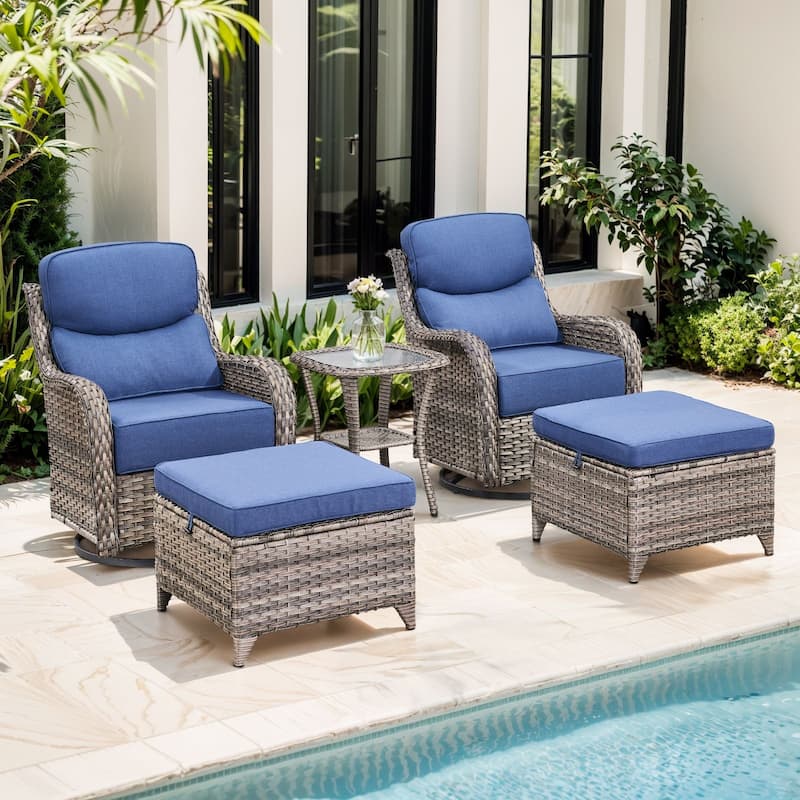 Gymojoy 5-Piece Patio Swivel Glider Chair Ottoman Set with Side Table, 6-Inch Ultra-Plush Cushions - Grey Wicker / Blue Cusion - 5-Piece
