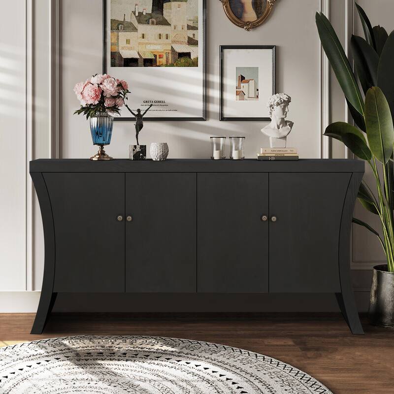 Refined Industrial 4-Door Credenza with Wooden Arc Legs & Bronze Clasps