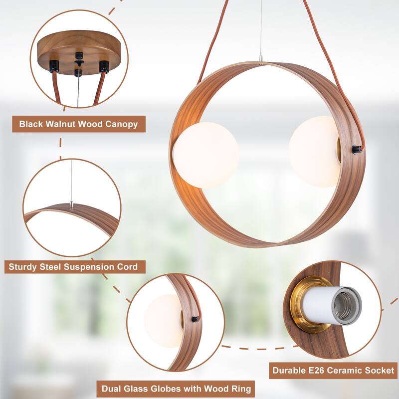Modern 2-Light Wood Globe Pendant Light for Kitchen Island - Dia.20-in