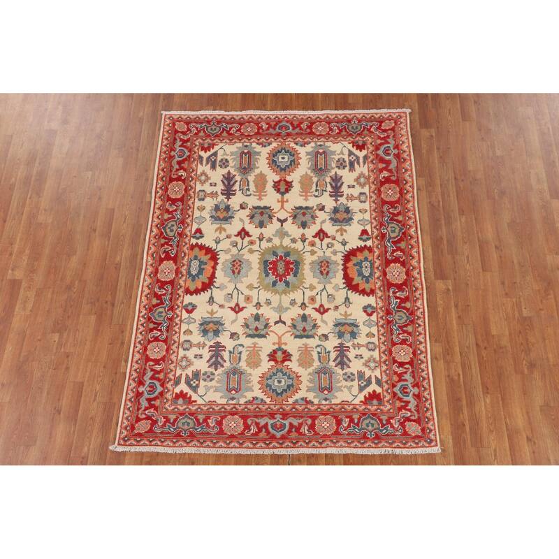 Blue Geometric Kazak Area Rug Hand-Knotted Oriental Wool Carpet - 4'11" x 6'7"