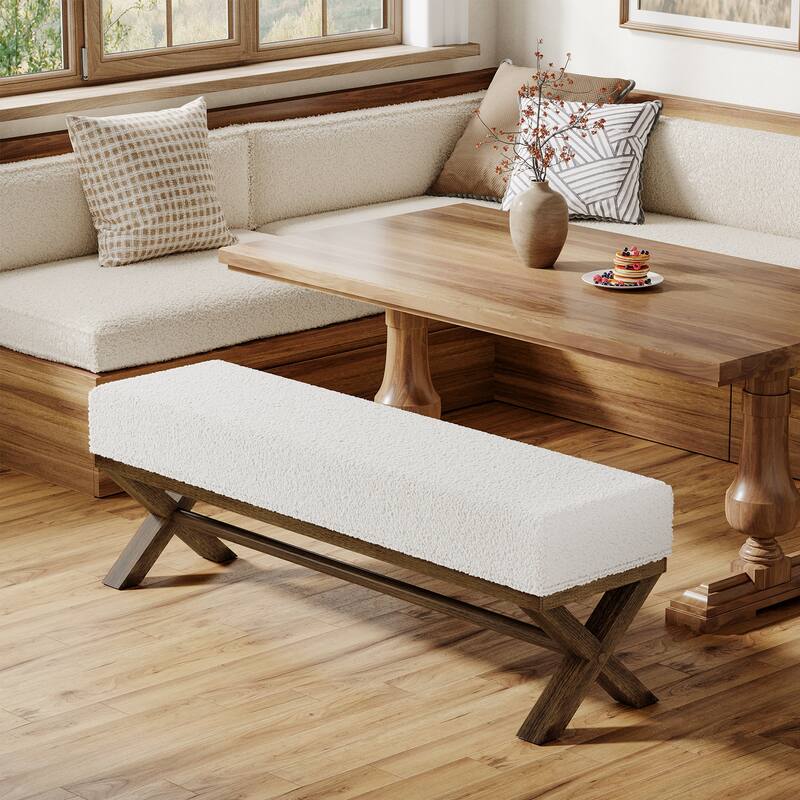 51.18" Solid Wood Upholstered Dining Bench, Faux Shearling Padded Seat Kitchen Stool Dining Seat for Dining Room Living Room