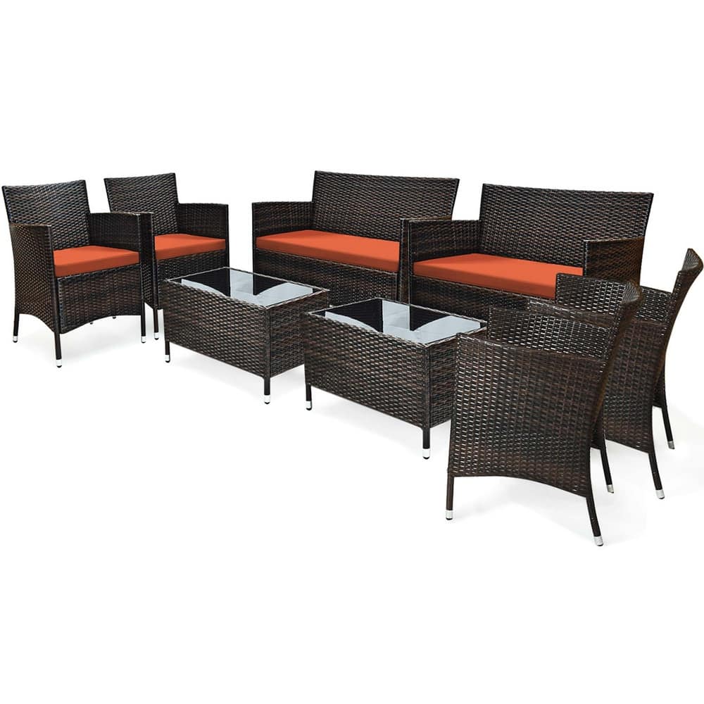 8PCS Patio Rattan Conversation Set Outdoor Furniture Set w/ End Table