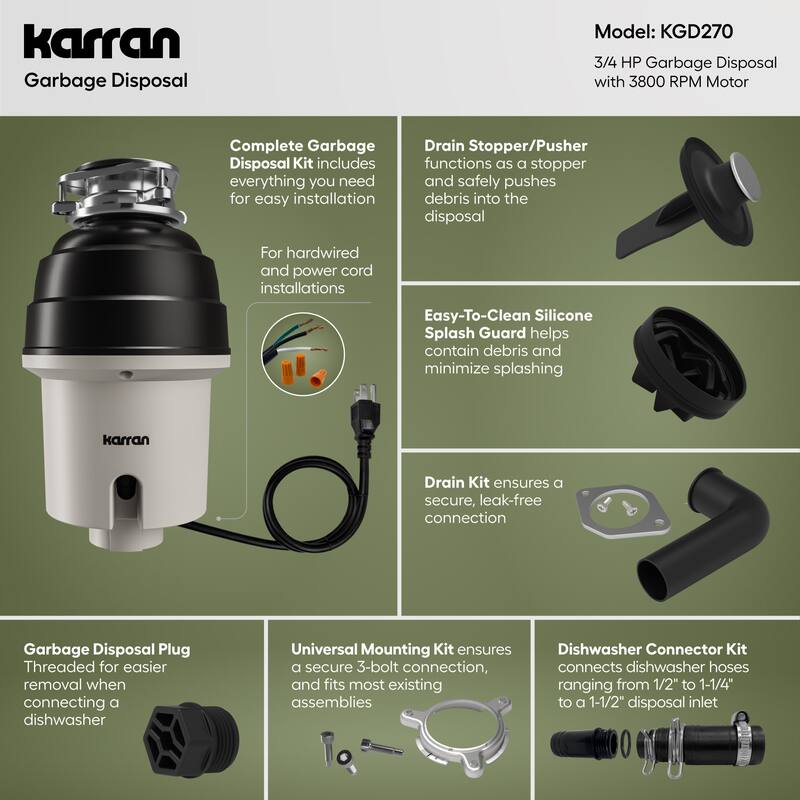 Karran USA KGD270 3/4 HP Continuous Garbage Disposal with 34 oz.