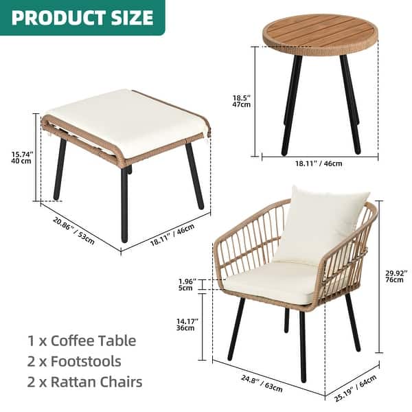 dimension image slide 3 of 4, Moasis 5-Piece Outdoor Wicker Patio Bistro Set with Footrest Ottomans