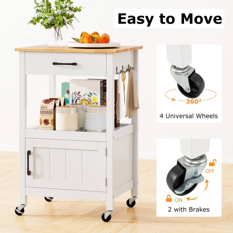 Mobile Rolling Kitchen Cart with Drawer and Cabinet Hooks for Dining Room or Living Room - 22" x 18" x 36" (L x W x H)
