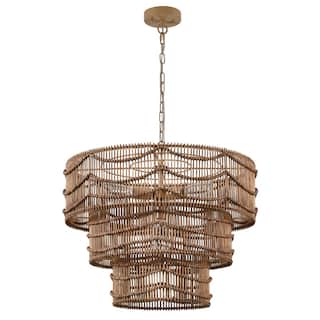 KAWOTI 4-Light Gold 3-Tiered Pendant Light with Rattan Shade - W25.75" * H20"
