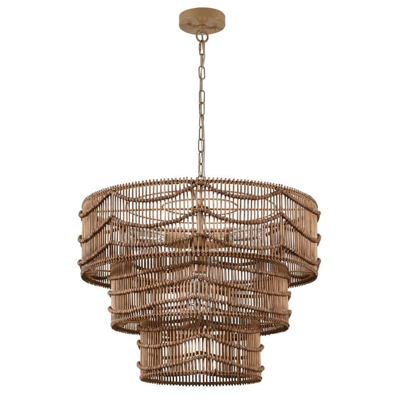 KAWOTI 4-Light Gold 3-Tiered Pendant Light with Rattan Shade - W25.75" * H20" - W25.75" * H20" - Brown