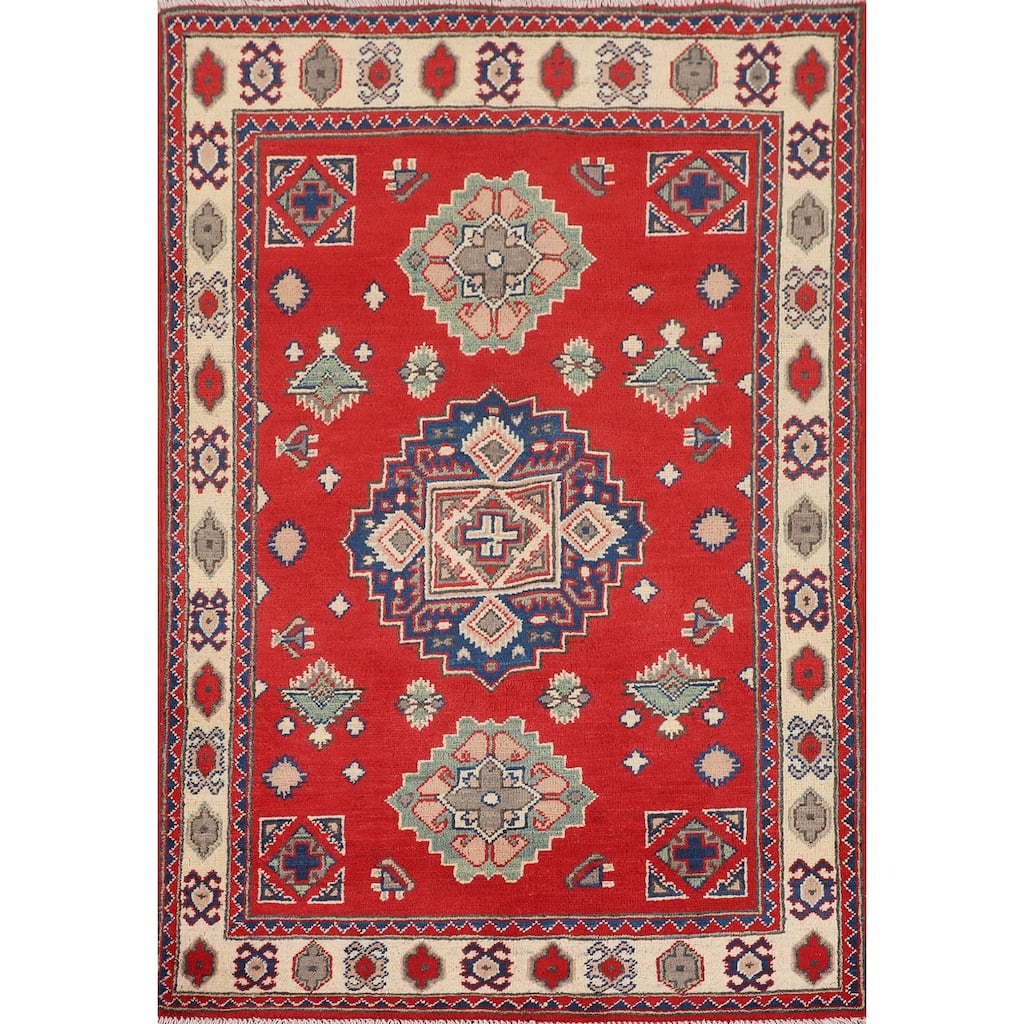 Red Kazak Accent Rug Handmade Geometric Wool Carpet - 3'2" x 4'11"