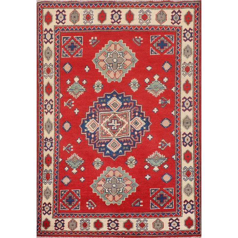 Red Kazak Accent Rug Handmade Geometric Wool Carpet - 3'2" x 4'11"