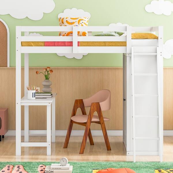 slide 2 of 22, Wooden Twin Size Loft Bed with Wardrobe, Desk, Ladder and Guardrail White
