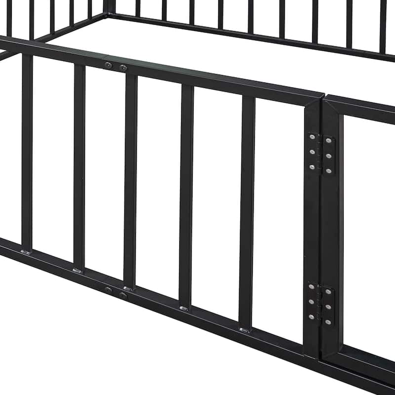 Queen Size Metal Floor Bed Frame with Fence and Door