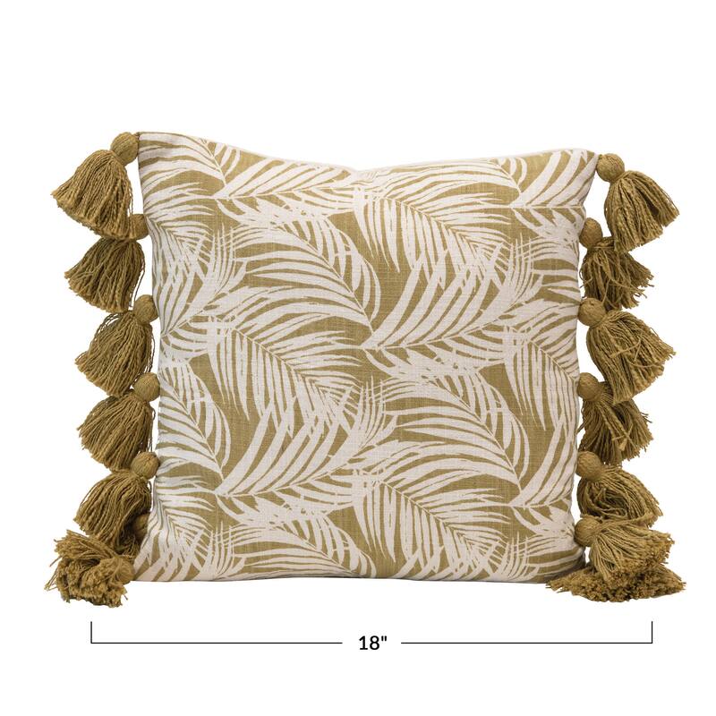 Cotton Pillow with Palm Frond Pattern & Tassels, Green and Natural