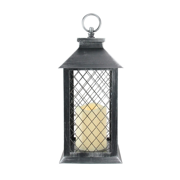11" Silver Brushed Black Mesh Candle Lantern with Flameless LED Candle - N/A