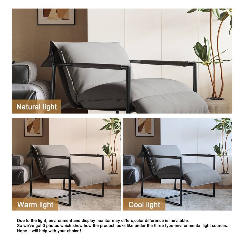 Mid-century Metal Sling Upholstered Armchair with Lengthen Upholstered