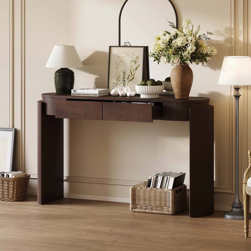 Console Table with Fluted Legs,Oval Top and 2 Drawers for Modern and Elegant Living Spaces